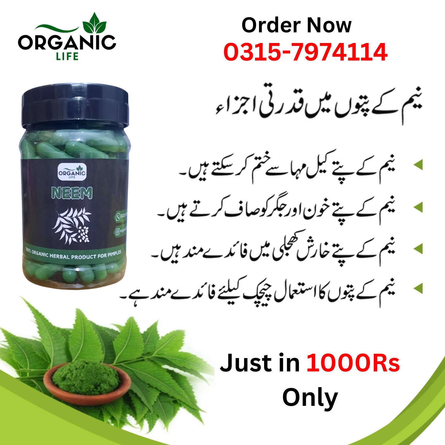 Neem Herbal Capsules — Natural Solution for Acne & Skin Health-100 Capsules
